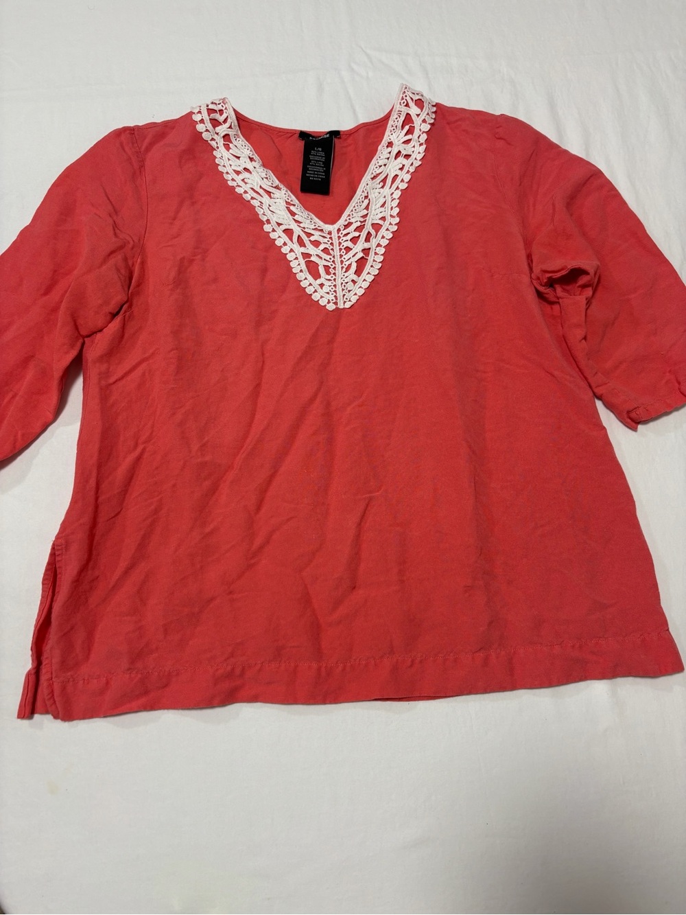 Premise Coral V-Neck Tunic with White Crochet Trim